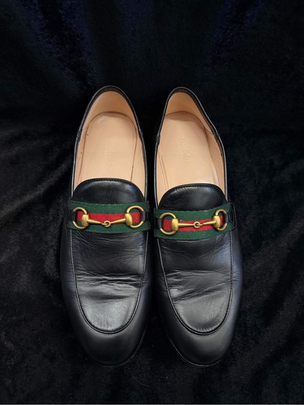 Gucci Black Leather Loafers with Green & Red Web and Gold Horsebit